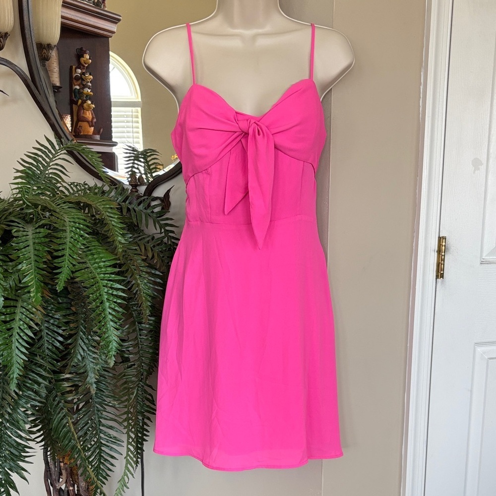 Socialite Barbie Pink Spaghetti Strap Mini Dress Knotted Front Tie Back Babydoll